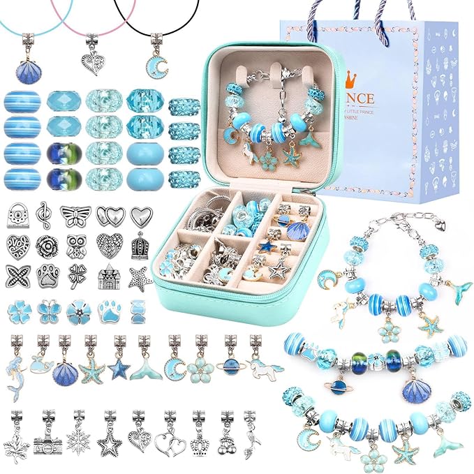 UFU Charm Bracelet Making Kit, Jewelry Making Kit Craft Gift for Girls 5 6 7 8-12, A Sweet Birthday Gift to Inspire Imagination & Creativity, with Portable Jewelry Box