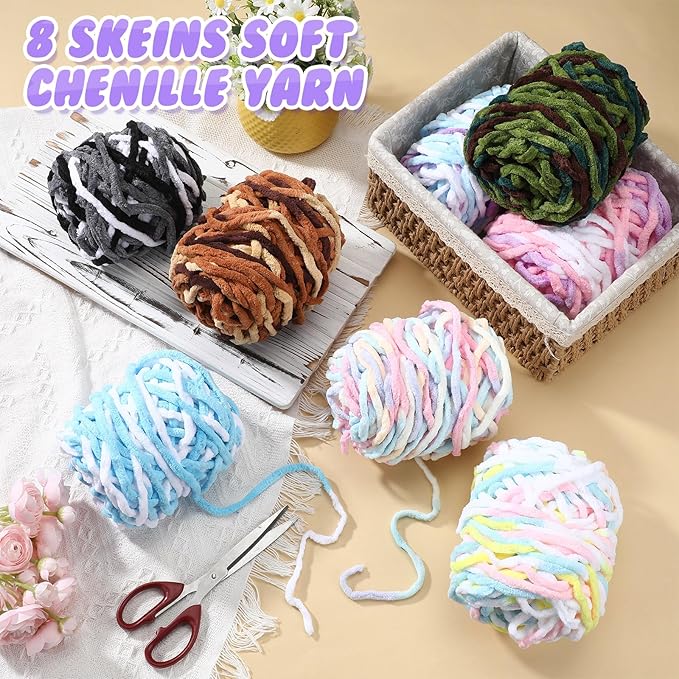 Buryeah 8 Pack Chunky Chenille Yarn for Crocheting Soft Thick Fluffy Yarn for Hand Knitting Bulky Velvet Blanket Plush for Weaving DIY Crafts Each 3.5 oz 55 Yards (Gradient Colors)