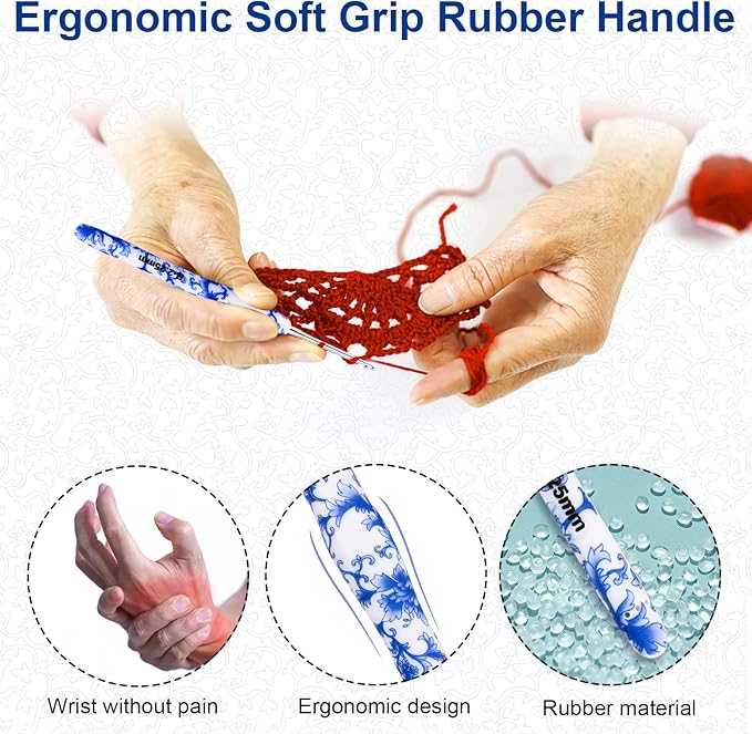 BCMRUN 2.25 mm(B) Crochet Hook, Ergonomic Handle for Arthritic Hands, Blue and White Porcelain Pattern Soft Rubber Grip Extra Long  Knitting Needles for Beginners and Crocheting Lover (2.25mm-B)
