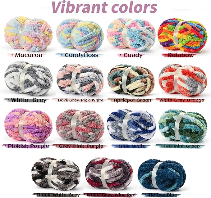 10 Pack Jumbo Chunky Yarn for Hand Knitting, Fluffy Chunky Chenille Yarn for Crocheting, Variegated Chunky Knit Baby Blanket Yarn, 240 yds /70.5 oz Super Bulky Yarn（Rainbow）
