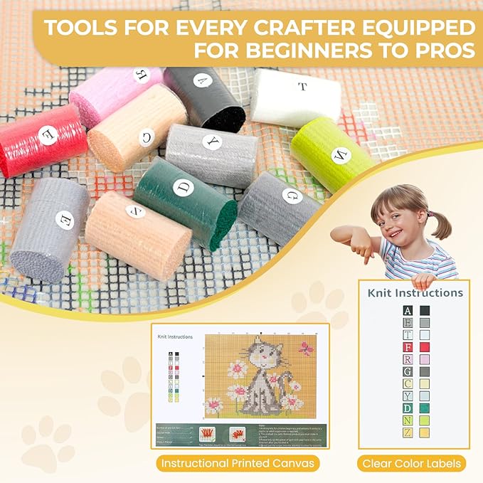 EsLuker.ly Latch Hook Rug Kit DIY Crochet Carpet for Beginners, Cats Patterns Pre-Printed Canvas Yarn Rug Hooking Kits, Creative Craft Home Decor Ideal for Learning Rug Making, Yellow