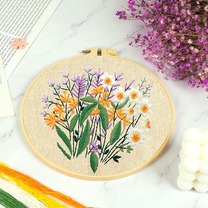 MAMUNU Embroidery Kit for Beginners Adults, Cross Stitch Kits, Stamped Cross Stitch Kits, Floral Flower Embroidery Kit with Printed Embroidery Cloth, Embroidery Hoop, Color Threads and Tools