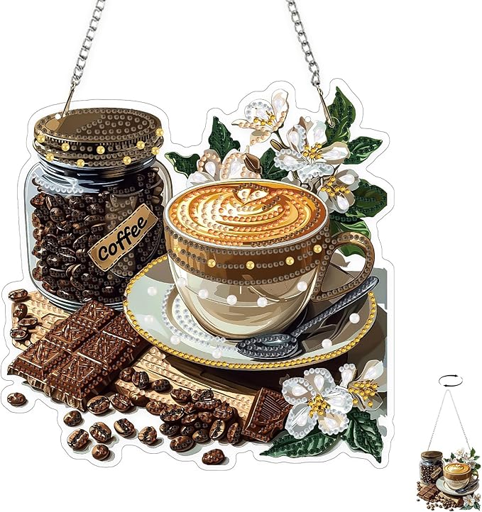 TOSTOG Cappuccino Sign Diamond Art Pendant Kits for Adult, White Diamond Painting Hanging Kit for Beginners, 5D DIY Crafts Gem Art, Waterproof Full Accessories for Home Decor Idea 20 * 20 cm/8 * 8 in