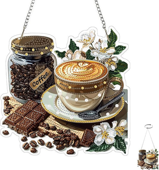 TOSTOG Cappuccino Sign Diamond Art Pendant Kits for Adult, White Diamond Painting Hanging Kit for Beginners, 5D DIY Crafts Gem Art, Waterproof Full Accessories for Home Decor Idea 20 * 20 cm/8 * 8 in