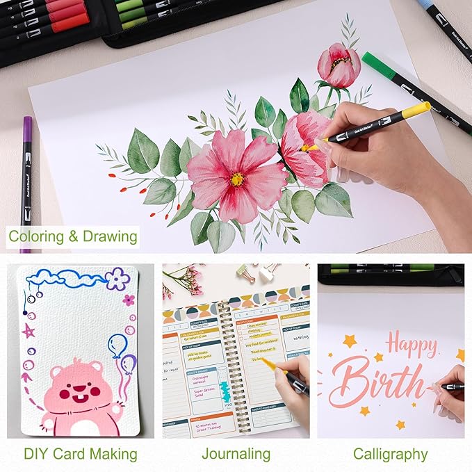36 Colors Watercolor Markers with Coloring Book Set Brush & Fine Dual Tip No Bleeding Professional Paint Pens For Drawing Note taking Planner Calligraphy Journaling Card Making Art Supplies