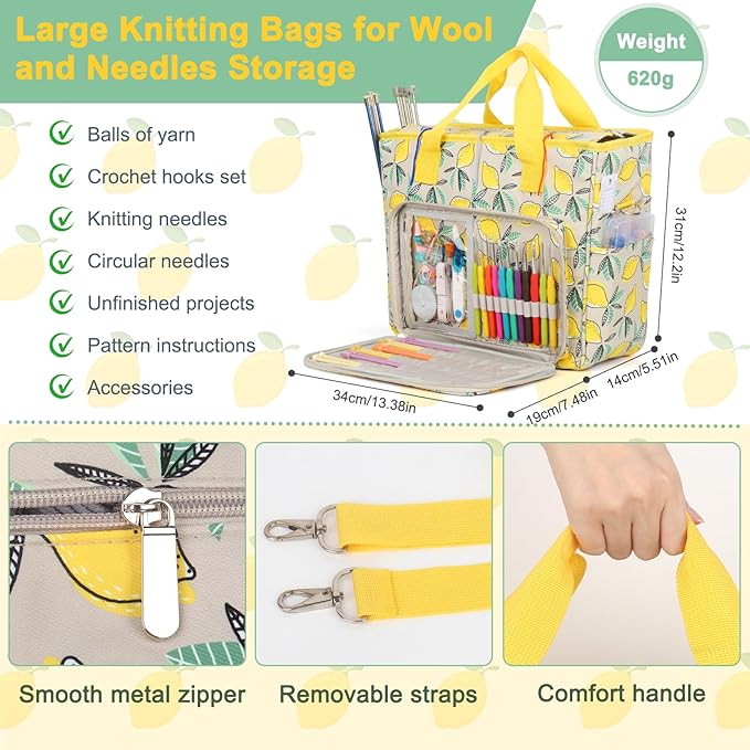 Yarn Storage Organizer Travel Crochet Bag, Large Capacity Tote Bag Knitting Bag for Carrying Projects, Knitting Needles, Crochet Hooks and Yarn, Fruit Yellow Lemon