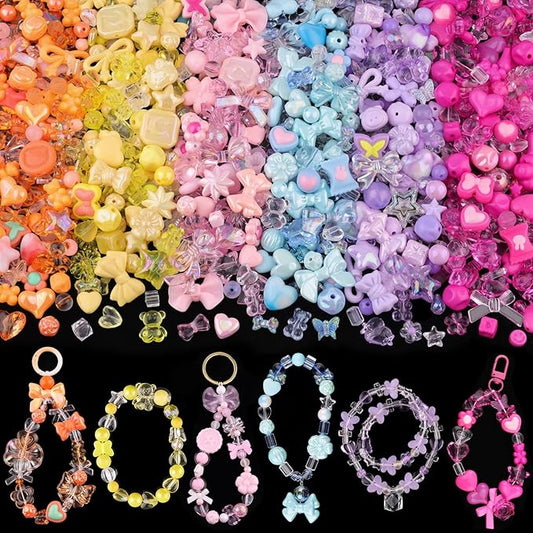 400-450pcs tinkrstuff assorted acrylic beads 6 mixed series cute beads for bracelet making, bow aesthetic gummybear flower butterfly kawaii charms for jewelry making diy necklace keychain phone charm