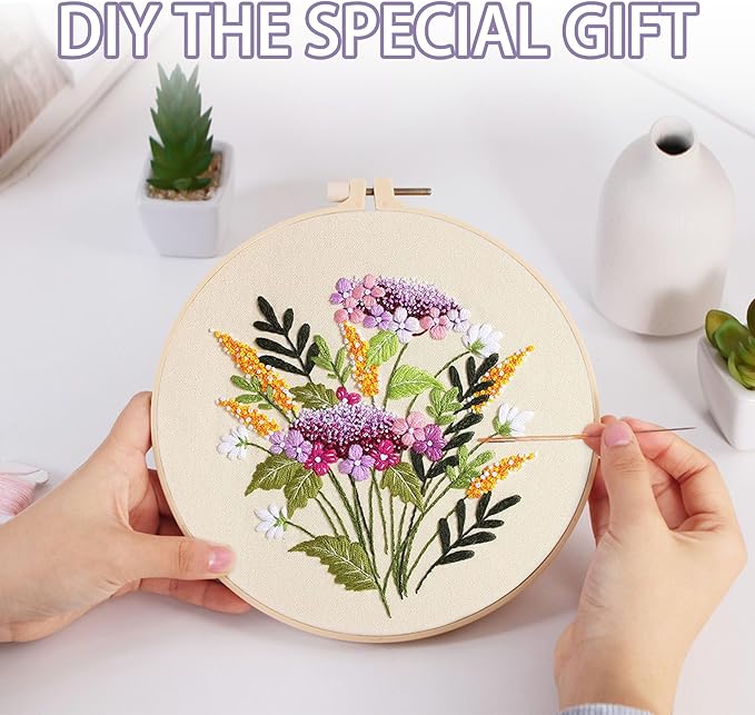 Offizon 3 PCS Embroidery Kit for Beginners - Cross Stitch DIY Craft Set, Flower Embroidery Accessories & Hoop Included, Hand Embroidery Kit for Adults Stitching Sewing Kit Gift | FlowerB Patterns