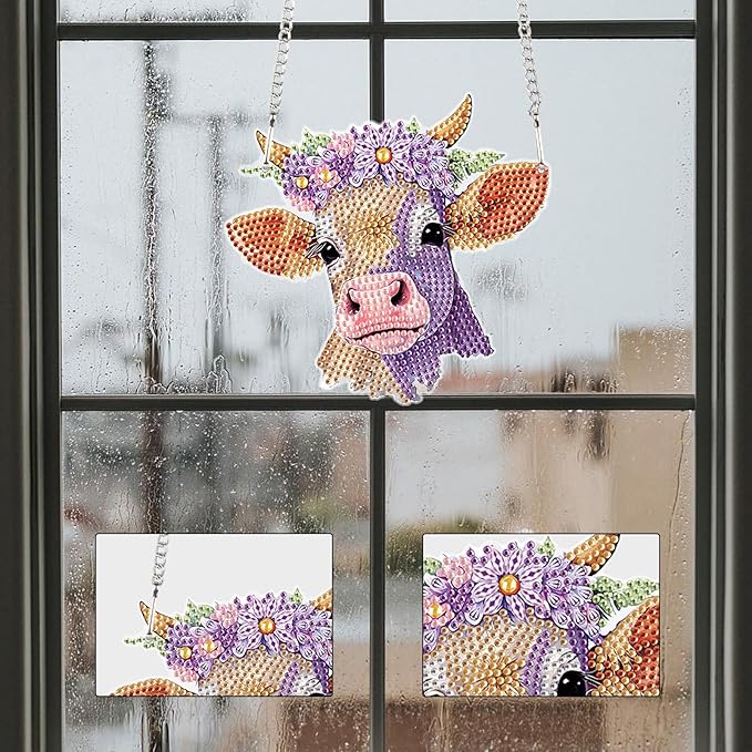 Cow Head Diamond Painting Hanging Kit, 5D DIY Acrylic Pendant with Special Shaped Crystal Rhinestones, Animal Art Ornament for Wall, Door or Window Decoration, Handmade Craft Gift for Adults