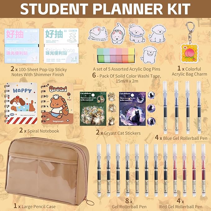 Gryast Complete Student Stationery Set Junk Journal Kit - All-in-One Scrapbook Supplies with Dog Pins, Pens, Stickers, Notebooks & More | Creative Journal Supplies for Memory Keeping (Brown)