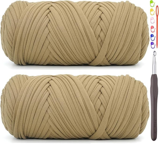 2 Pack Tshirt Yarn for Crocheting,Brown T Shirt Chunky Elastic Fabric Thick T-Shirt Crochet Yarn for Beginners Crocheting Hand Knitting Bag/Basket/Coasters/DIY Crafts/Home Decor 2 * 200G(Dark Khaki