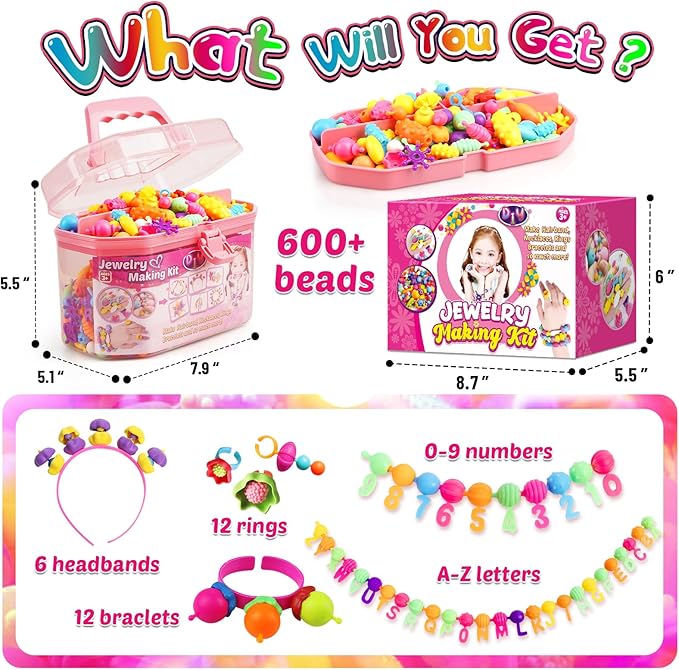 funzbo 650pcs pop beads - jewelry making kit for 3 4 5 6 7 8 year old little girls, arts and crafts toys for kids, necklace bracelet creativity snap set birthday gifts, valentines day gifts for kids