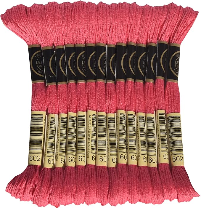 LE PAON Embroidery Floss, 14-Pack Six Strands 100% Long Staple Cotton Embroidery Thread, 8.7-Yard，Color Number：602, Medium Cranberry