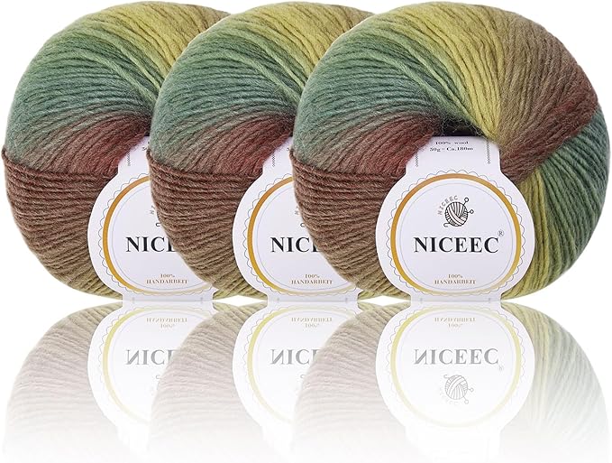 NICEEC 3 Skeins Rainbow Soft Yarn 100% Wool Gradient Multi Color Yarn for Crocheting Knit Total Length 180m×2(196yds×2,50g×2)-15#