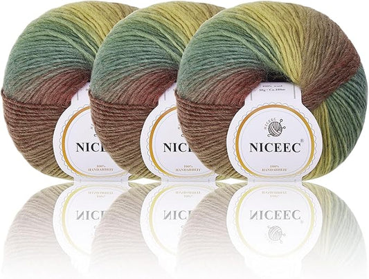 NICEEC 3 Skeins Rainbow Soft Yarn 100% Wool Gradient Multi Color Yarn for Crocheting Knit Total Length 180m×2(196yds×2,50g×2)-15#