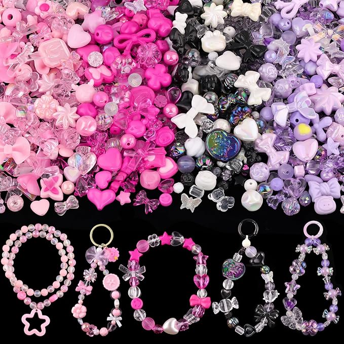 210-270pcs tinkrstuff assorted acrylic beads for bracelet making,cute beads for jewelry making flower bow butterfly candy gummybear kawaii aesthetic bracelet charms, necklace keychain phone charms diy