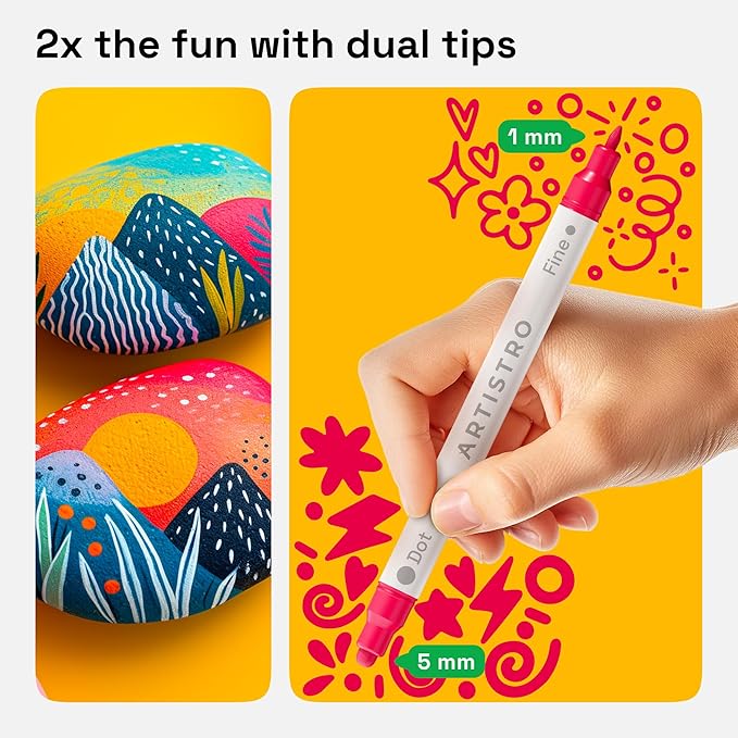 ARTISTRO 12 Acrylic Paint Markers for Rock, Fabric, Wood, Glass, Eggs - Dual-Tip Paint Pens for Coloring Books for Adults, Teens, Kids - Art & Craft Supplies - Gift Idea - Easter Basket Stuffers