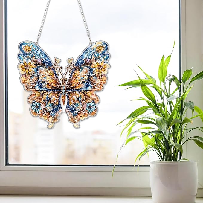 NAIMOER DIY Hanging Diamond Art Kits for Adults, Butterfly Diamond Painting Kits, Special Shaped Rhinestone, Acrylic 5D Gem Art Craft Window Pendants Home Garden Wall Hanging Ornament Kits
