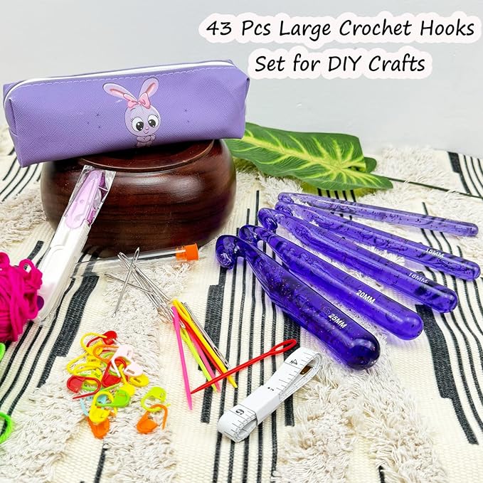 43 Pcs Large Crochet Hooks Set,12mm 15mm 18mm 20mm 25mm Large Crochet Hooks for Chunky Yarn,Plastic Crystal Smooth Big Crochet Needles for Handmade DIY Crochet with Storage Bag