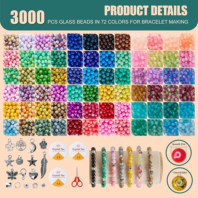 6MM Glass Beads Kit for Jewelry Making - 3 Box Set 72 Colors, 3000pcs Round Colorful Beads for DIY, Beads for Bracelets, Gifts for Teen Girls