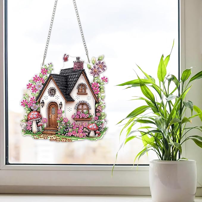 NAIMOER Diamond Art Hanging Kits for Adults House Flower 5D Special Shaped Rhinestone, DIY Acrylic Diamond Art Painting Window Pendants Home Garden Wall Hanging Ornament Kits, Double Sided