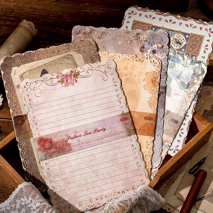 60 Sheets Lace Trim Vintage Scrapbook Stationery Paper Set,for Letter Writing,Scrapbook paper, Junk Journal Supplies, Decoupage Card Making Supplies,And Mixed Media Collage Card 4.9x6.9In