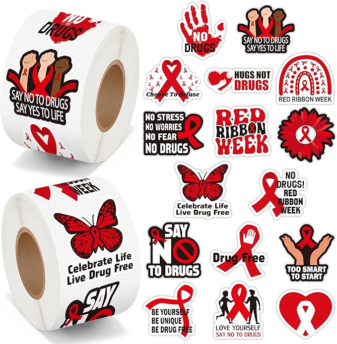 beyumi red ribbon roll stickers - 1000pcs red ribbon week awareness stickers in 2 rolls waterproof vinyl drug free say no to drugs decals school events anti-drugs campaigns laptop bottle luggage decor