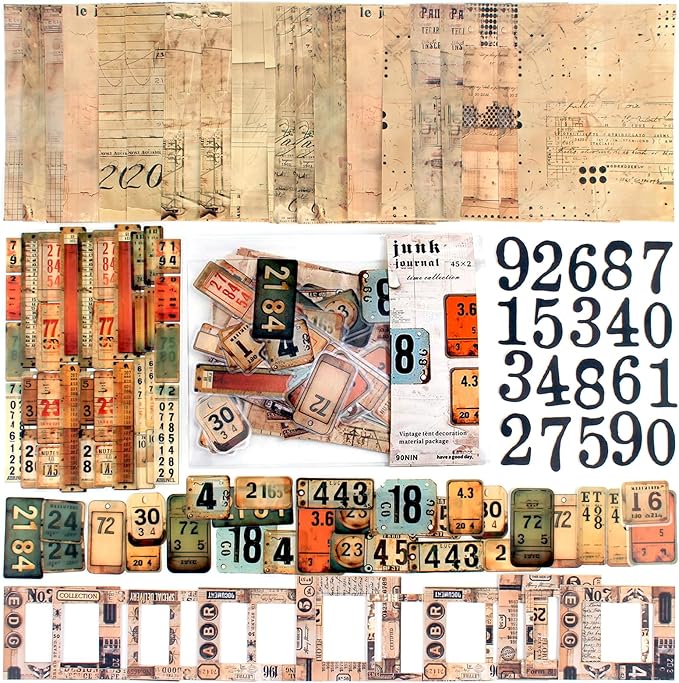 Vintage Scrapbook Kit, 90 Sheets Retro Tag Labels Collection, Scrapbooking Stickers and Decorative Papers Collage Materials, Ephemera for Junk Journal Supplies, Journaling, Crafts Arts, Scrap Booking