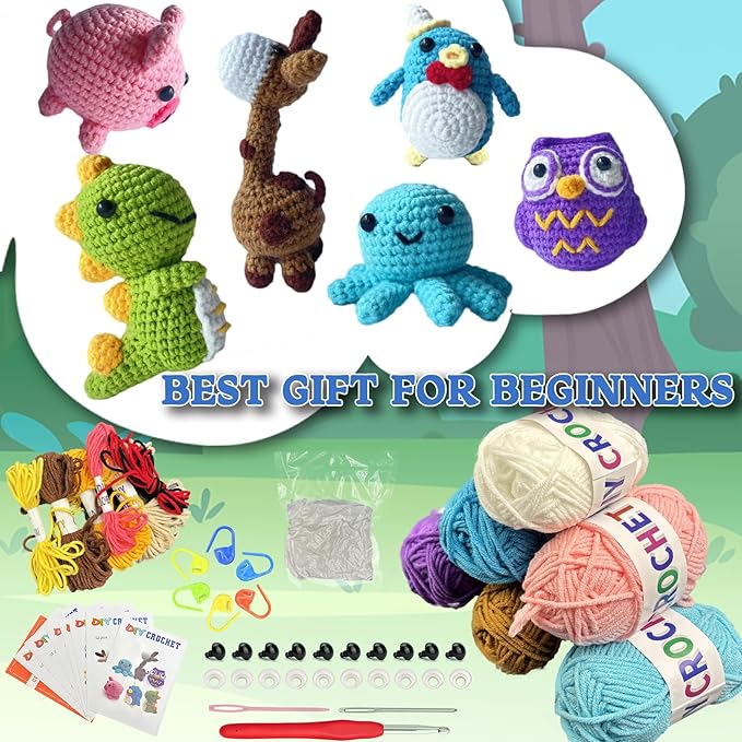 HAIDWEN 6Pcs 2026 Crochet Kit for Beginners Adults,Easy Animal Crochet Starter Kit with Step-by-Step Video Tutorials,Perfect DIY Gift for Craft Lovers with Yarn(40%+ Yarn)