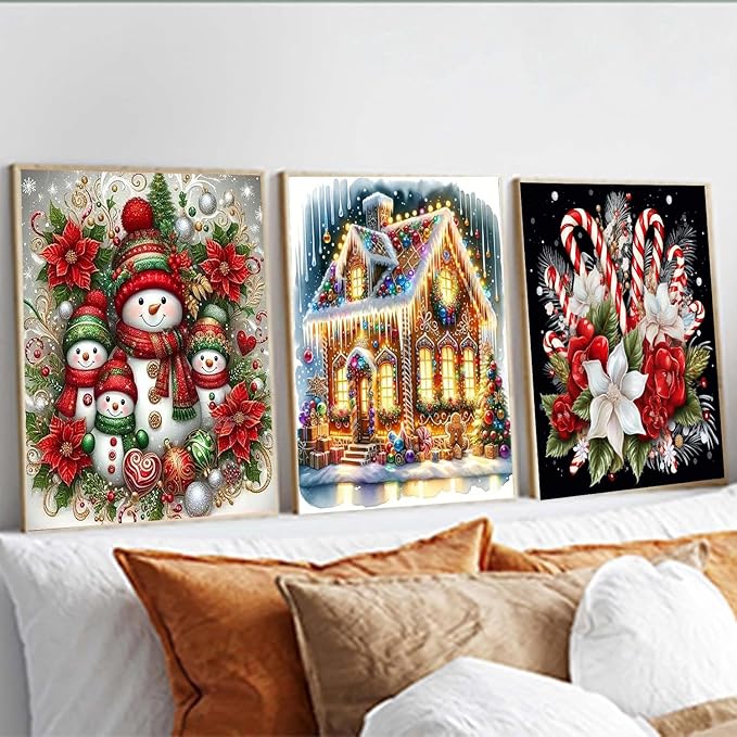 Christmas Diamond Art Kits for Adults - 3 Pack Snowman Candy House Diamond Painting Kits for Adults, 5D DIY Round Full Drill Gem Art Paint by Diamonds Dots Crafts Kits for Home Decor Gift 12x16inch