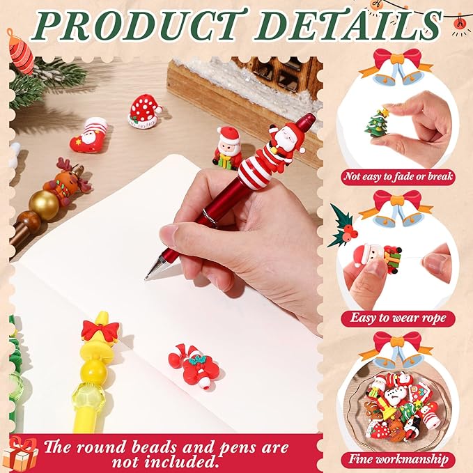 12 Pcs Christmas 3D Silicone Focal Beads for Pens Xmas Character Beads Bulk Funny Snowman Tree Gingerbread Santa Claus for Keychain DIY Crafts Necklace Bracelet Lanyards Making Kit Supplies