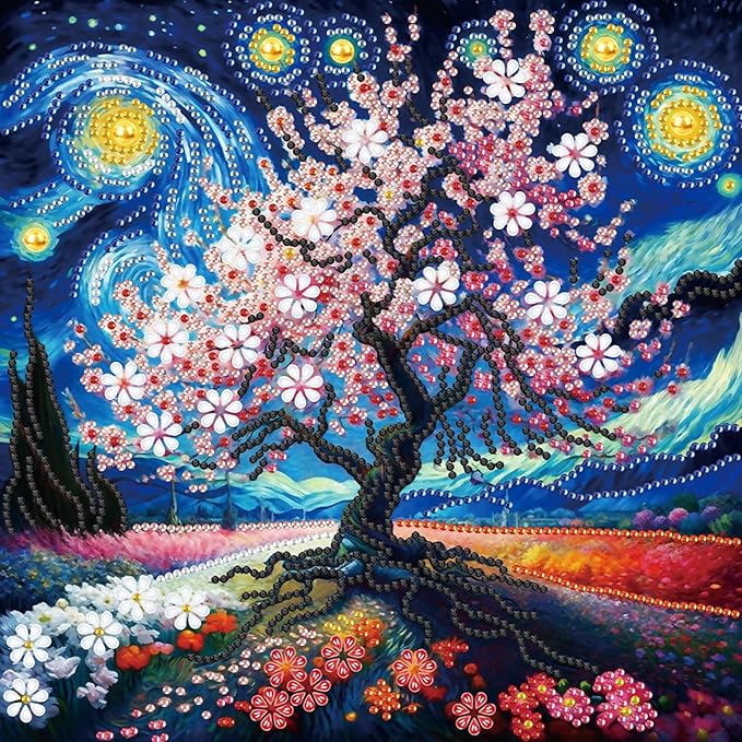 AiYuanzsh 5D Special Shape Diamond Art Kits for Adults, Cherry Blossom Tree Diamond Painting Kit, Starry Sky Style Crystal Rhinestone Diamond Art for Wall Decor Gift, 12×12 Inch