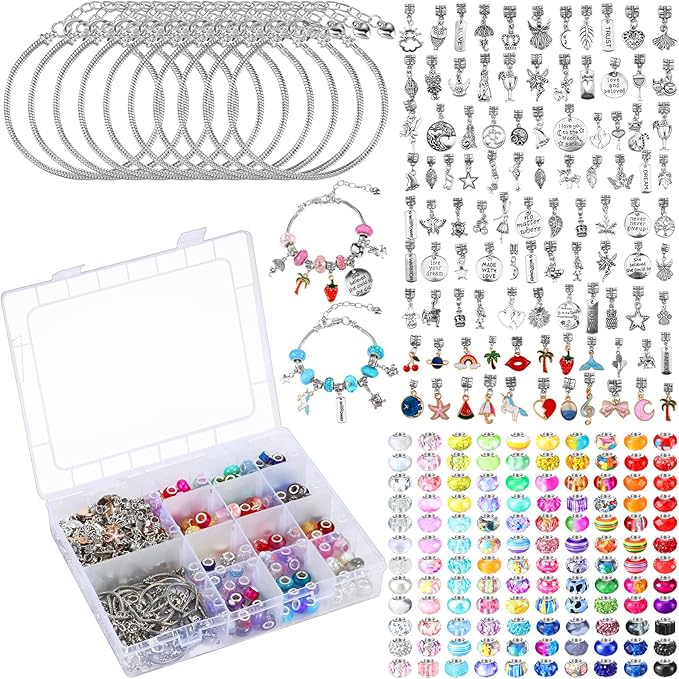 Ferreve 231 Pcs Charm Bracelet Making Kit Snake Chain European Large Hole Beads Dangle Charm with Plastic Storage Box DIY Jewelry Making Craft Gifts for Women(6.3 Inch)