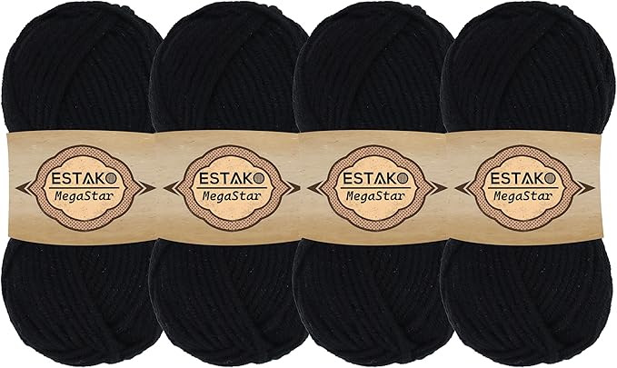 Estako Megastar, (4 Skeins Pack) 75% Acrylic 25% Wool Yarn, Soft, Chunky Bulky Weight #5 for Crochet and Knitting (4 x 3.52 Oz) / (4 x 120 Yrds) (60978 - Black)