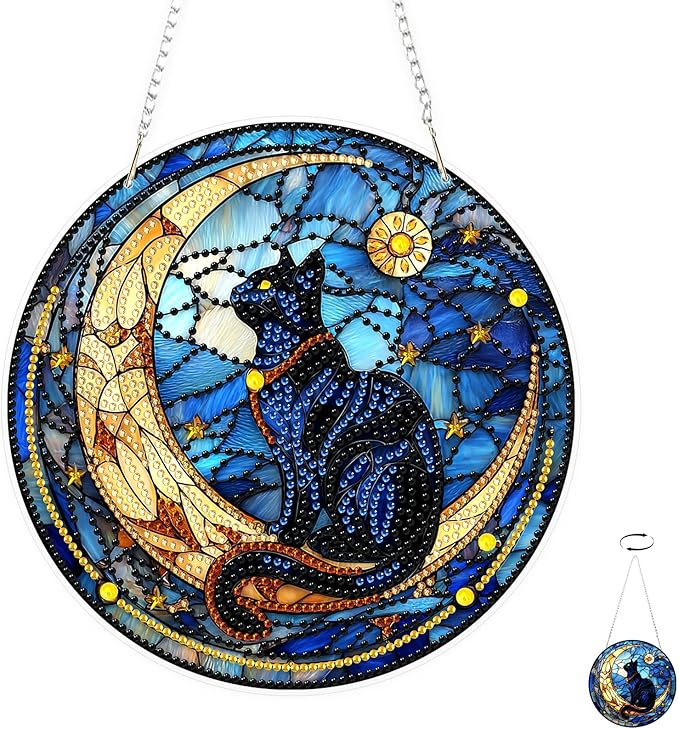 TOSTOG Cat Diamond Art Hanging Kits for Adults, Cat on the Moon Diamond Painting for Adults Window Pendant,Special Shape Diamonds Diamond Painting Hanging Pendant Kit for Wall Home Decor Gift