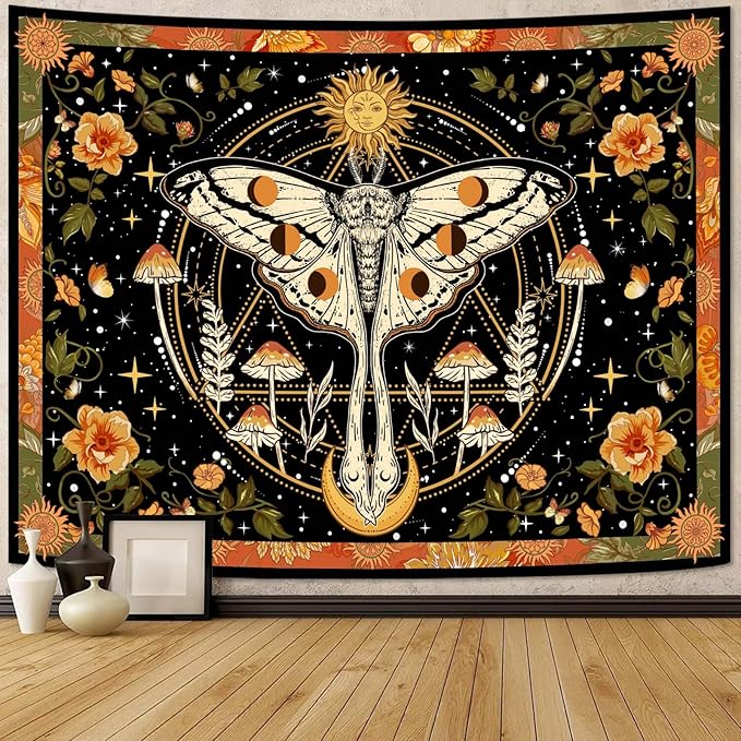 aipon orange moth tapestry boho retro floral flowers tapestries aesthetic vintage mushroom tapestries for bedroom indie sun moon tapestry wall hanging for living room dorm (40'' × 30'')