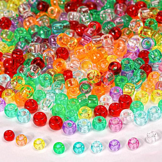 1000+ Pieces Clear Pony Beads Bulk, 9 Colors 6x9mm Transparent Acrylic Bead Large Plastic Kandi Beads for Bracelets Big Hole Hair Braids Jewelry Making Crafts DIY Projects