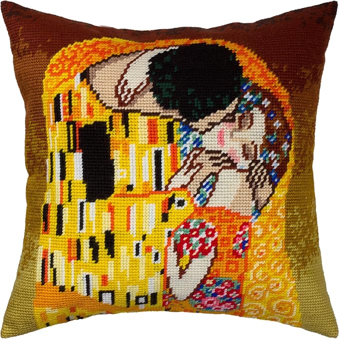 Brvsk Romantic Embroidery Kit for Adults and Beginners — The Kiss by Gustav Klimt 16″ × 16″ with Clear, Precise Printed Design on Cotton Canvas; Includes 2 Needles, Yarn, and Easy-Read Chart
