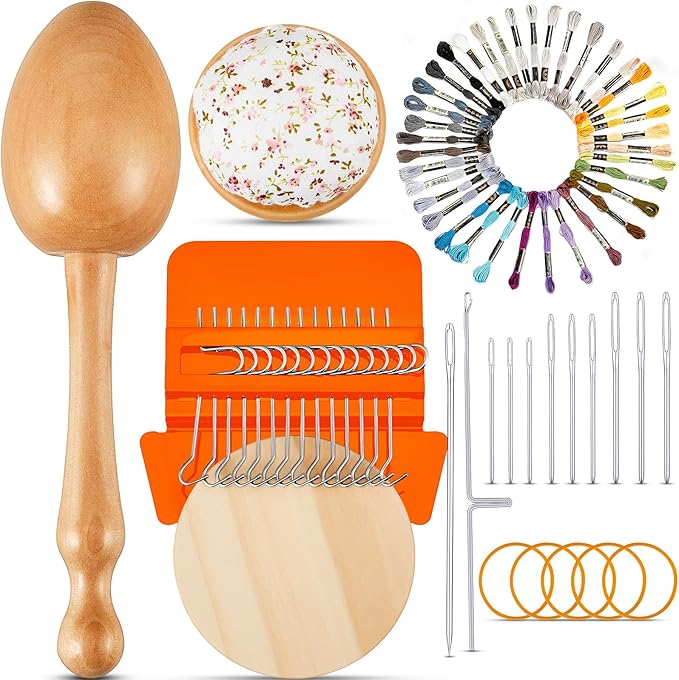Jexine Mini Darning Egg for Socks 14 Hooks Small Speedweve Style Weaving Darning Loom with 9 Pcs Large Eye Needles 50 Colors Thread for Handcraft DIY Weaving Repair Tool(Bright Color)