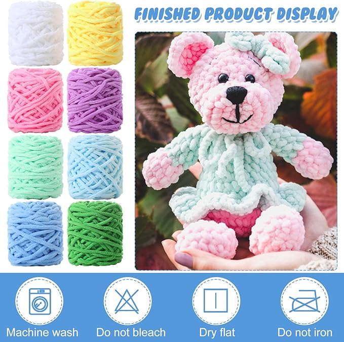 Buryeah 8 Pack Chunky Chenille Yarn for Crocheting Soft Thick Fluffy Yarn for Hand Knitting Bulky Velvet Blanket Plush for Weaving DIY Crafts Each 3.5 oz 55 Yards (Fresh Colors)
