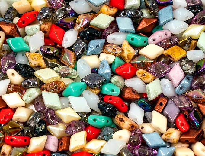160+ pcs DIAMONDUO glass two-hole beads rhombus gemduo, approx. 0.2 x 0.3 inches (5x8mm), 0.88oz = 25 g, Color Mix