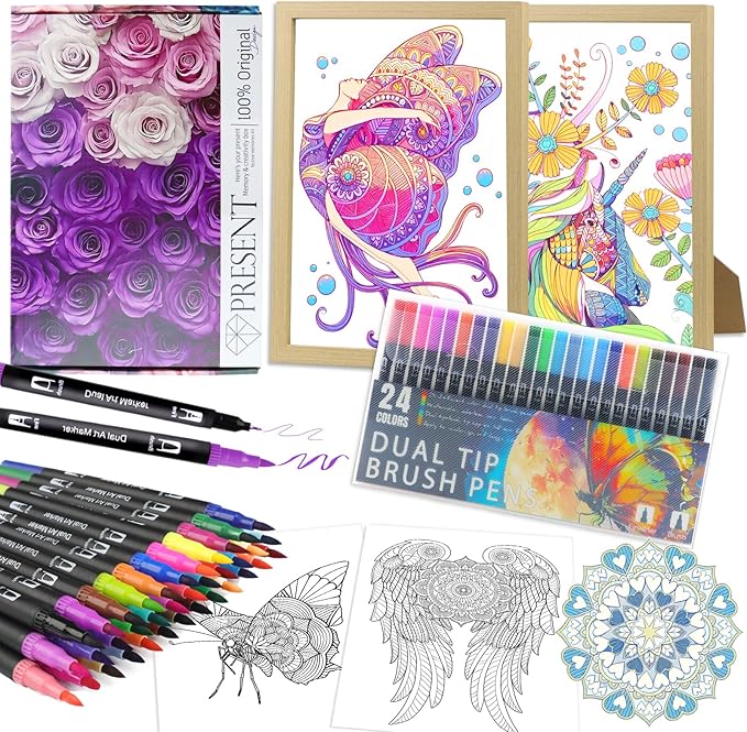 Coloring Books for Adults Relaxation, Stress Relief Coloring Book with 24 Dual Tip Markers, 2 Wooden Photo Frame Set with 12 Patterns Include Exquisite & Cute, Arts and Crafts Gift for Women, Couples