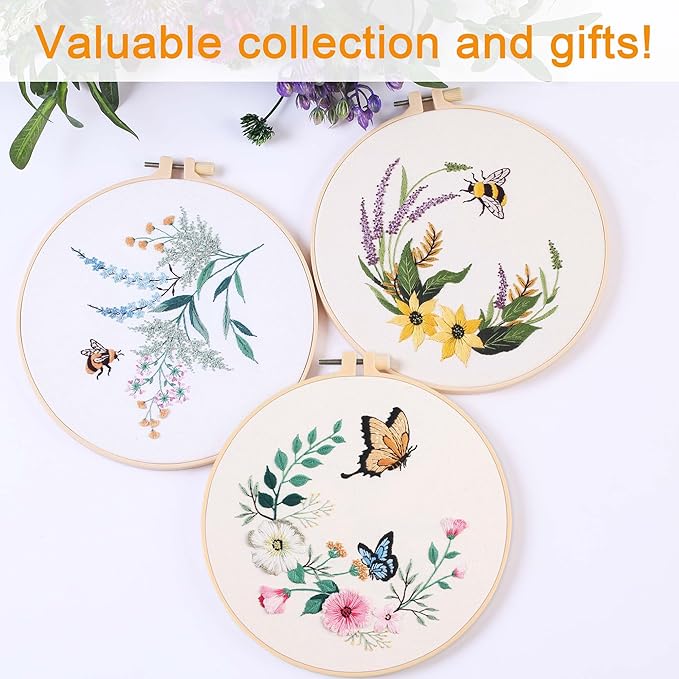 reewisly 3ps embroidery starter kit patterns, diy adult cross stitch kits beginner, including 3 plastic embroidery rings, 1 scissors, colored threads,needles and instructions