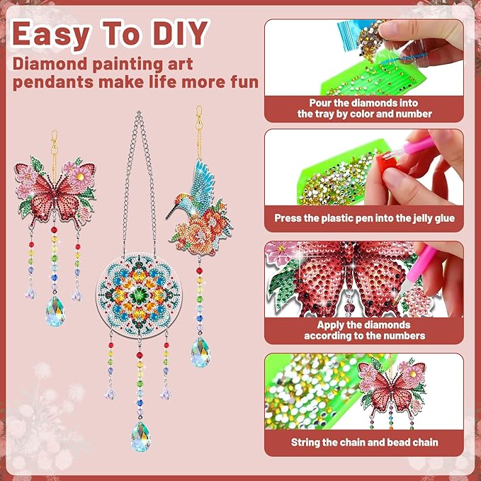 Arts and Crafts for Girls Ages 6-12, DIY Diamond Painting Kits for Kids Teens Adults, Birthday Gifts for 6 7 8 9 10 11 12 Year Old Girls, Butterfly Flower Bird Wind Chimes for Home Garden Decor