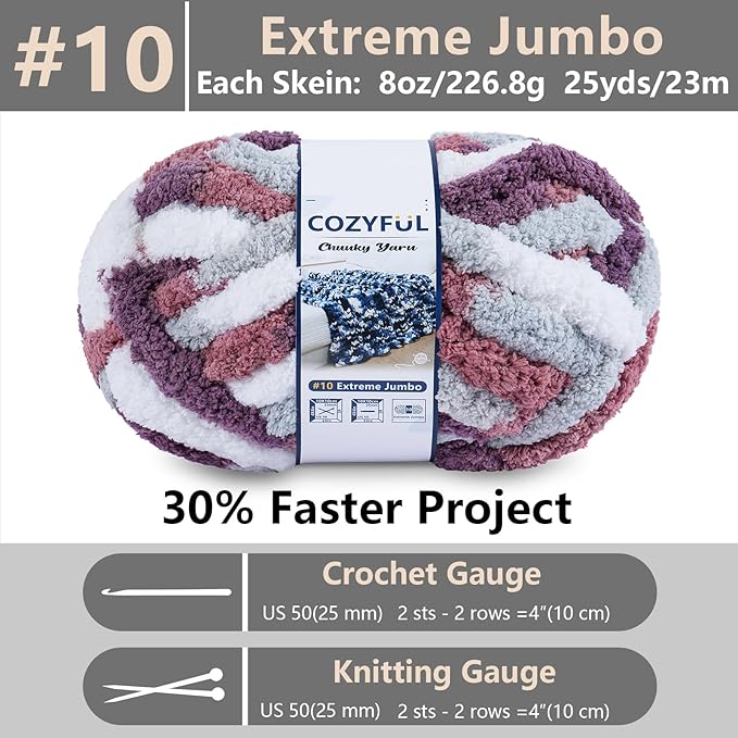 Chunky Yarn for Hand Knitting - #10 Chunky Chenille Blanket Yarn, Jumbo Big Thick Chunky Yarns for Crocheting, Tie Dye Bulky Knit Yarns, 8 Skein (25 yds 8 oz Each Skein), Purple&Mauve&Grey