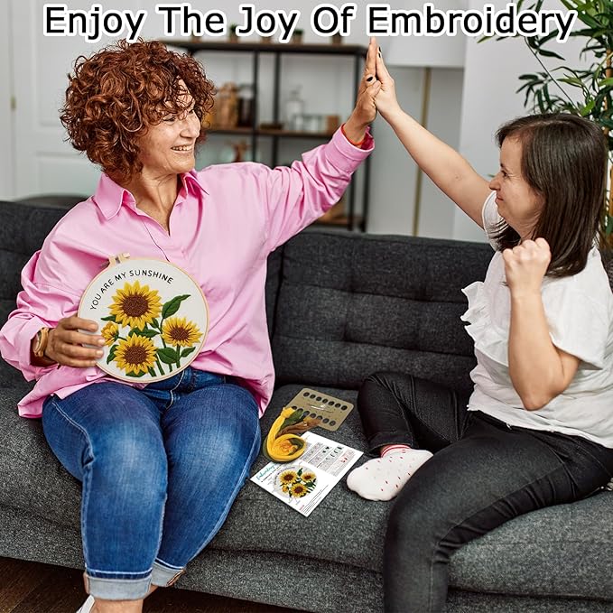 Nuberlic Sunflower Embroidery Kit for Beginners -Adults Starter Cross Stitch Kit DIY Needlepoint with Hoop, Pre-Printed Fabric, Threads & Step-by-Step Guide