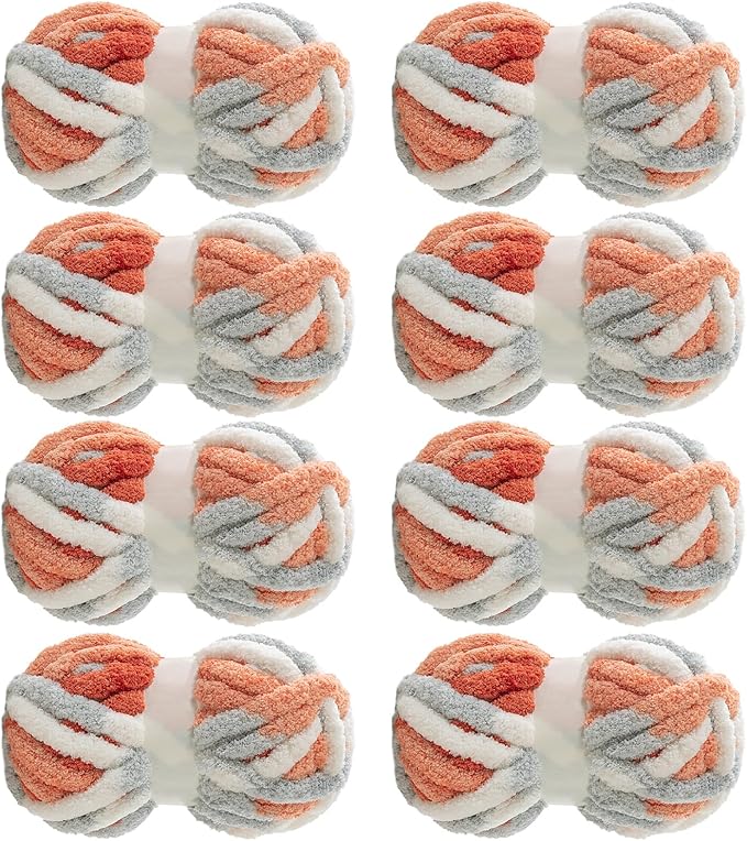MABOZOO Tie Dye Chunky Yarn for Crocheting 8 Pack,Fluffy Jumbo Chenille Yarn,Soft Plush Yarn Bulky,Giant Thick Fuzzy Yarn for Hand Knitting or Arm Knitting,Orange & Grey (26 yds,8 oz Each Skein)