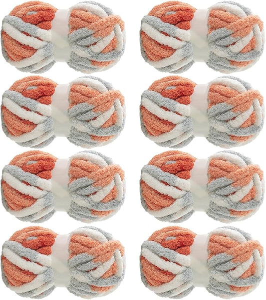 MABOZOO Tie Dye Chunky Yarn for Crocheting 8 Pack,Fluffy Jumbo Chenille Yarn,Soft Plush Yarn Bulky,Giant Thick Fuzzy Yarn for Hand Knitting or Arm Knitting,Orange & Grey (26 yds,8 oz Each Skein)