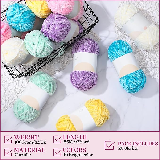 Xinnun 12 Skeins 1116 Yards Chenille Velvet Soft Thick Plush Yarn Bulk for Crocheting Knitting Blanket DIY Weaving Craft, 6mm, 3.5 Oz/Skein(Cute Color)