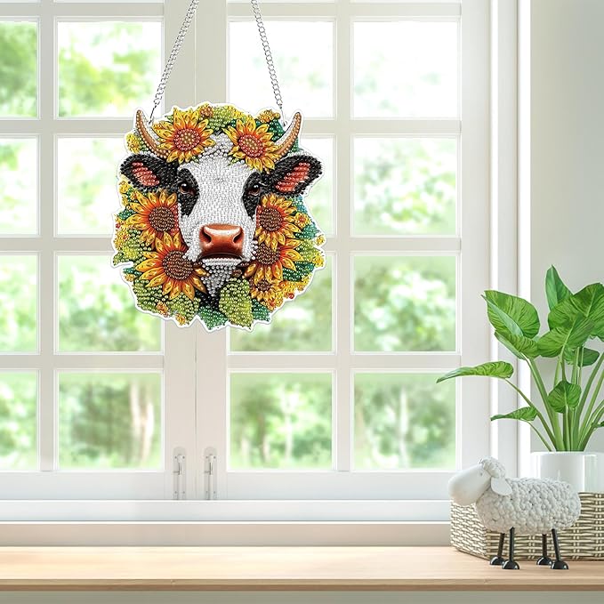 Bowetile Hanging Diamond Art Cow Kits for Adults, 5D Special Shape Diamond Painting Sunflower Kits, Animal Diamond Gem Art Suncatchers Painting Pendant Ornament for Home Garden Wall Decor
